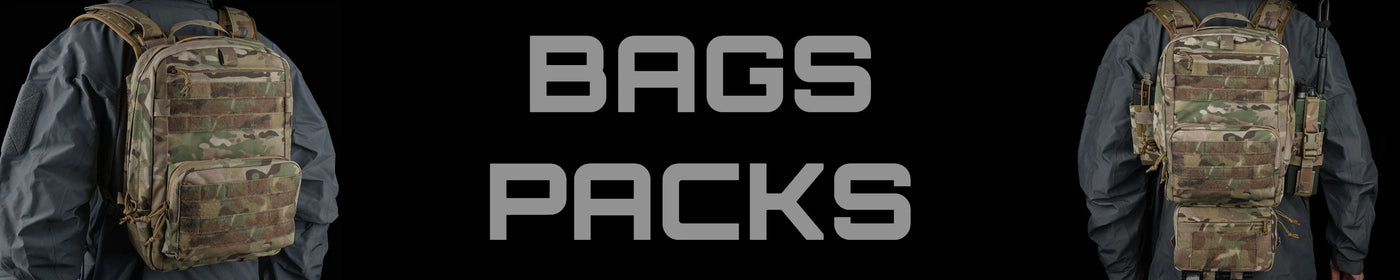 Two people wearing camouflage bags with 'Bags Packs' text in the center on a black background.