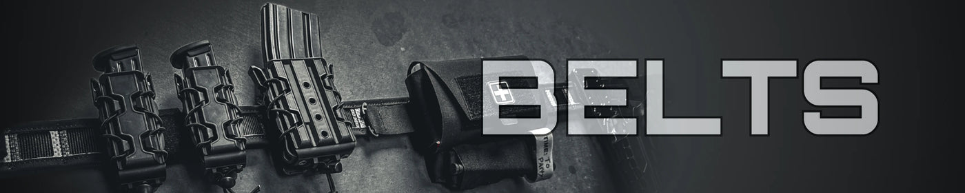 Black belt with multiple magazine pouches on a dark background, featuring the word 'BELTS'.