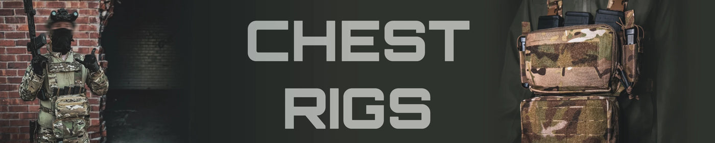 Chest rig product display with tactical gear and text overlay on a dark background