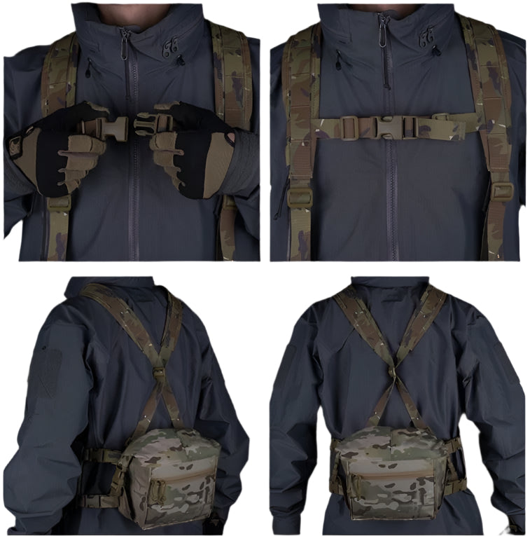 Erebus Industries MKII Expansion Pack Step by Step on attaching harness in multicam pattern, front and back view, highlighting included harness, worn by model
