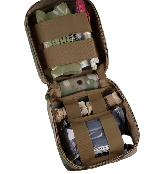 Erebus industries Freeman Medical pouches, Ifak, Molle pouch. Front view. in multicam pattern, opened with medical supplies inserted