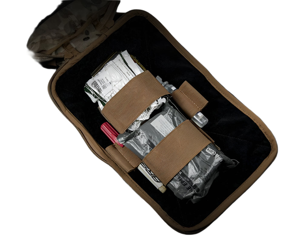 Erebus industries IFAK insert tybe B, Front view close up, Medical supplies in sleeve, Insert for medical pouches. Mounted onto medical pouches. in coyote color.