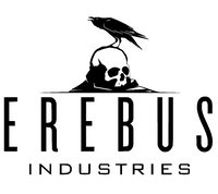 Logo of Erebus Industries with a skull and crow on a white background