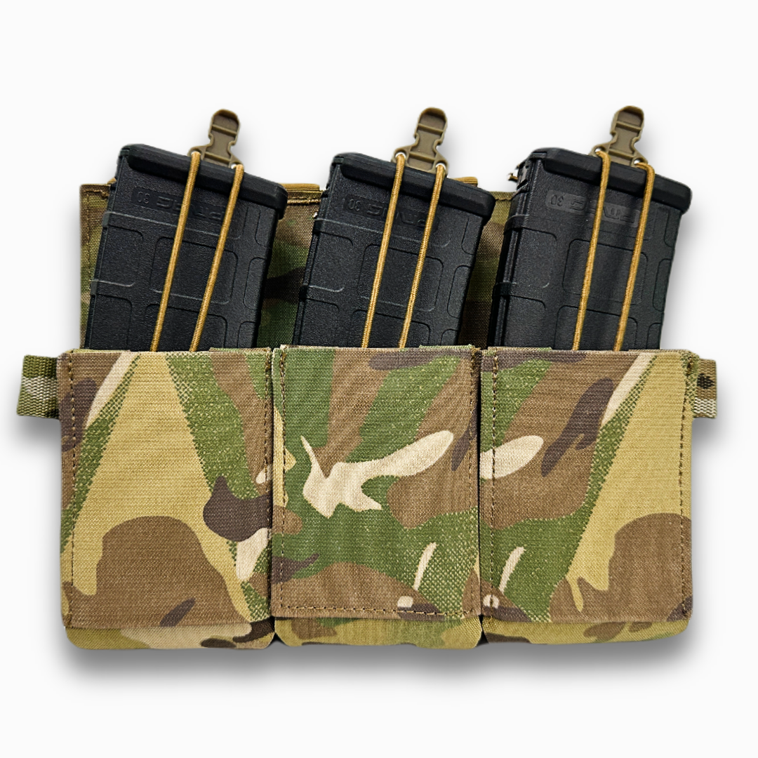 erebus industries slick triple 556 rifle magazine pouch for plate carriers and chest rigs in multicam pattern with 556 mags inserted, front side
