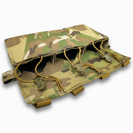 erebus industries slick triple 556 rifle magazine pouch for plate carriers and chest rigs in multicam pattern  with 556 mags inserted, close up top