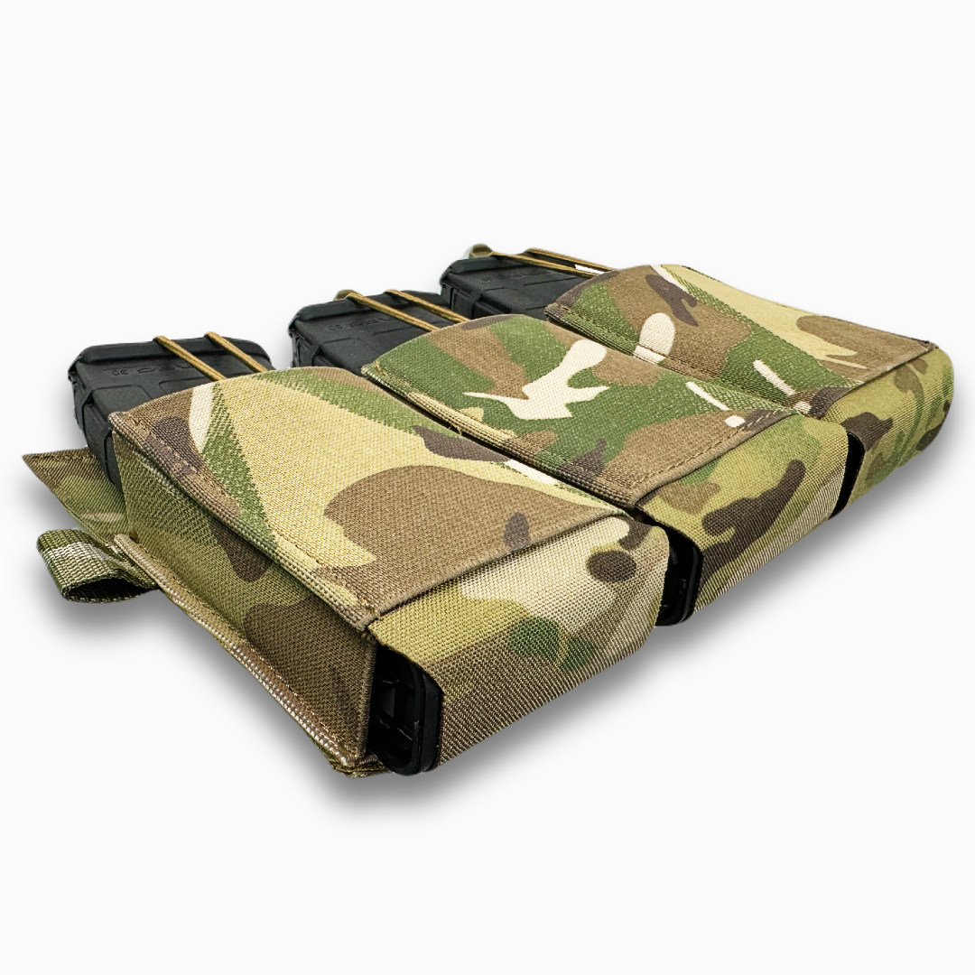 erebus industries slick triple 556 rifle magazine pouch for plate carriers and chest rigs in multicam pattern with 556 mags inserted, close up bottom