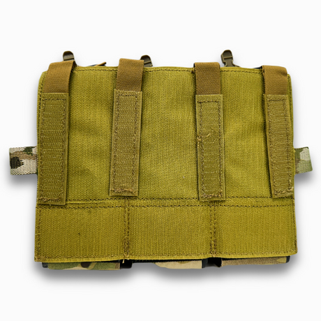 erebus industries slick triple 556 rifle magazine pouch for plate carriers and chest rigs in multicam pattern  with 556 mags inserted, display back side
