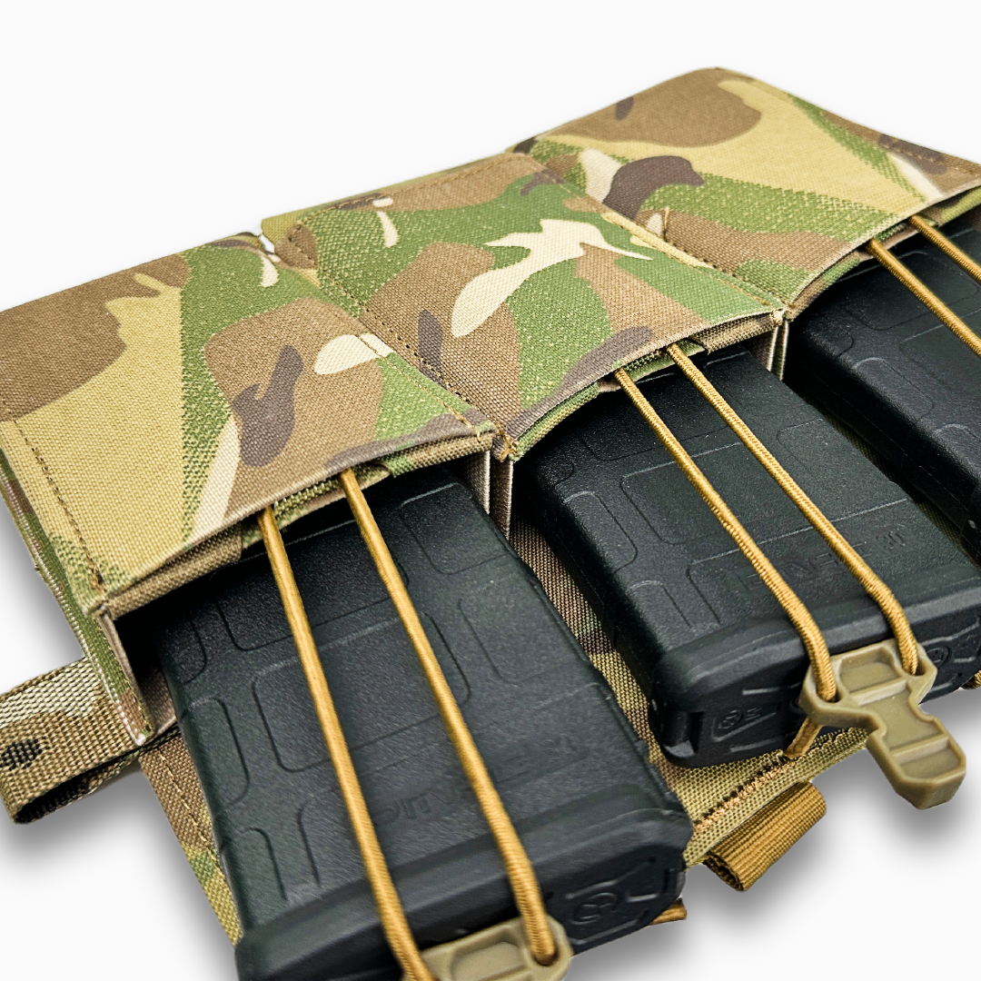 erebus industries slick triple 556 rifle magazine pouch for plate carriers and chest rigs in multicam pattern close up top with 556 mags inserted
