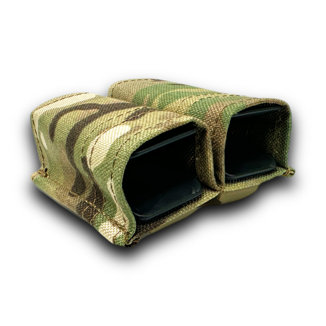 erebus industries swift double pistol magazine pouch, Pistol magazines inserted, Pistol pouch for battle belts, plate carriers and chest rigs, In multicam pattern close up top side