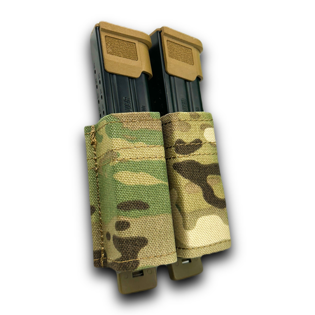 erebus industries swift double pistol magazine pouch, Pistol magazines inserted, Pistol pouch for battle belts, plate carriers and chest rigs, In multicam pattern, close up side profile