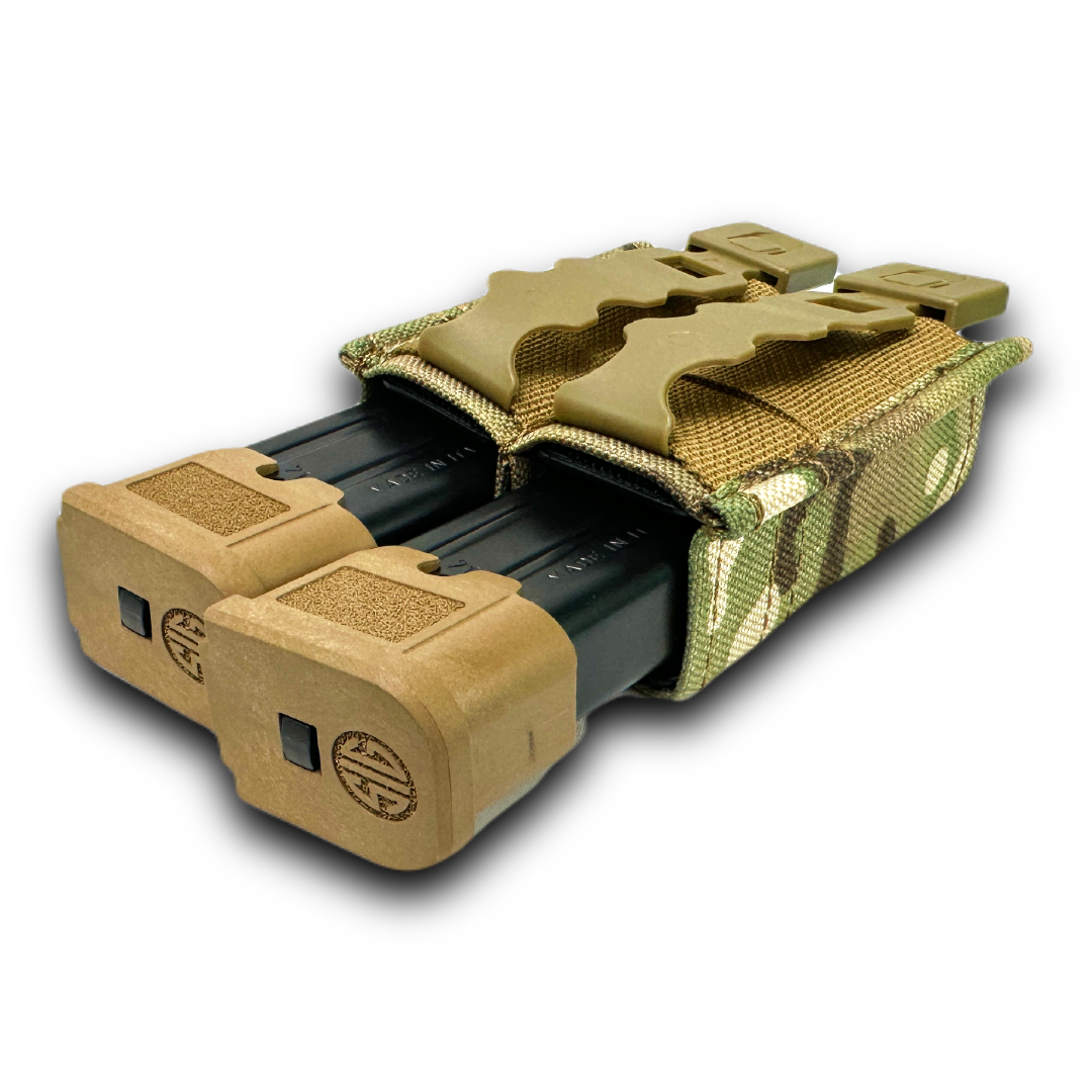 erebus industries swift double pistol magazine pouch, Pistol magazines inserted, Pistol pouch for battle belts, plate carriers and chest rigs, In multicam pattern, close up back and top side