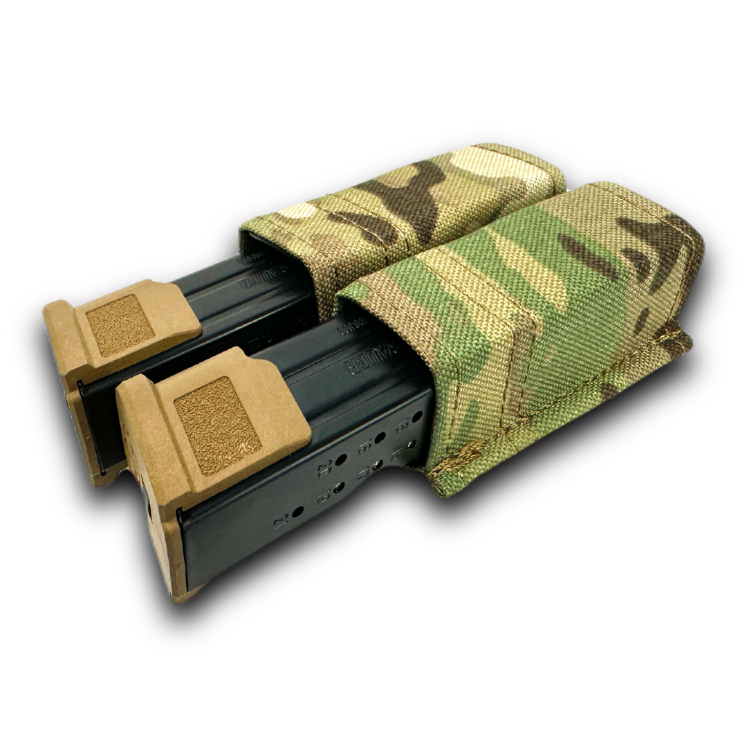erebus industries swift double pistol magazine pouch, Pistol magazines inserted, Pistol pouch for battle belts, plate carriers and chest rigs, In multicam pattern, close up top side