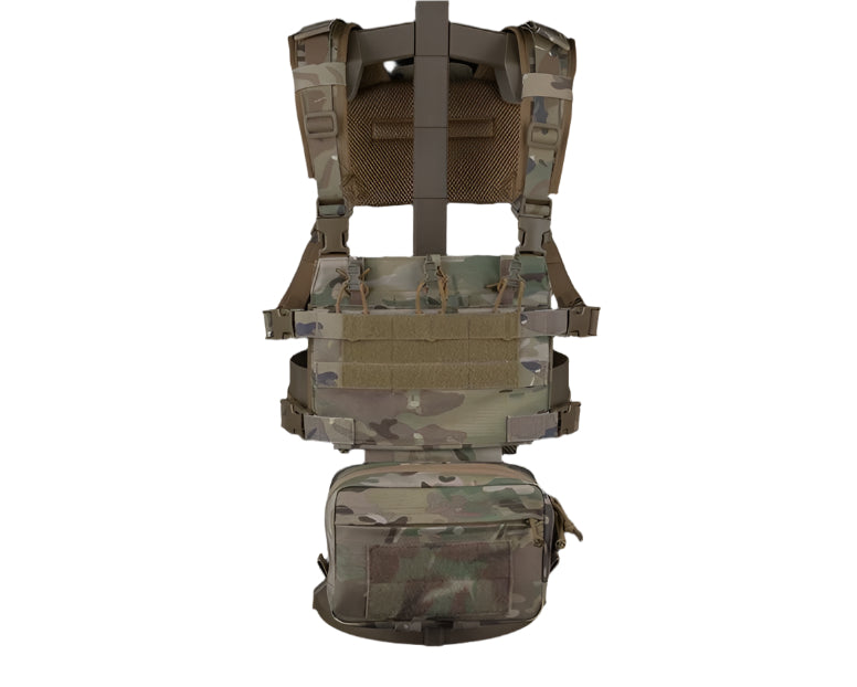 erebus industries Tracker Chest Rig Display in multicam pattern, front view displayed on chest rig stand