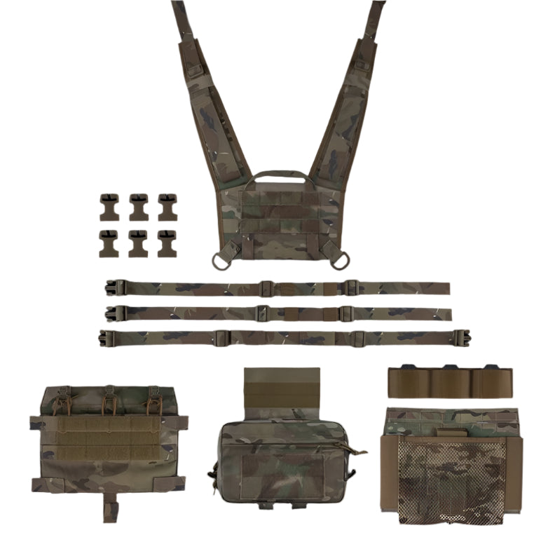 Erebus Industries Tracker Chest Rig in Multicam pattern, Disassembled highlighting included admin pouch, 556 magazine pouch insert, and padded chest rig harness.