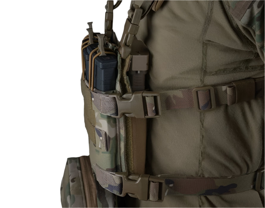 erebus industries Tracker Chest Rig in multicam pattern, close up side view, 556 rifle magazines inserted into 556 mag pouch, highlighting 556 magazine pouch mounted behind placard via velcro