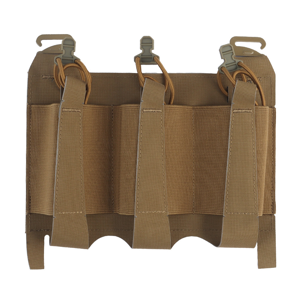 erebus industries urban assaulter triple magazine placard for 556 magazines, for chest rigs and plate carriers, 556 magazines inserted in mag pouch, front side in coyote brown