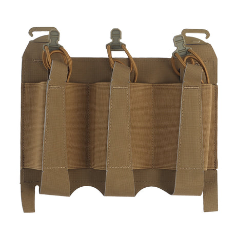 erebus industries urban assaulter triple magazine placard for 556 magazines, for chest rigs and plate carriers, 556 magazines inserted in mag pouch, front side in coyote brown
