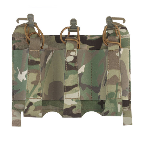 erebus industries urban assaulter triple magazine placard for 556 magazines, for chest rigs and plate carriers, 556 magazines inserted in mag pouch, front side in multicam pattern