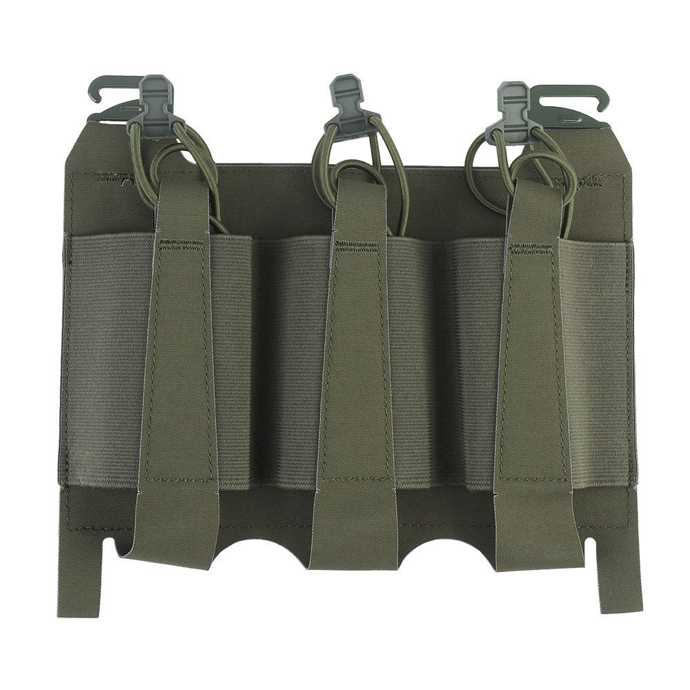erebus industries urban assaulter triple magazine placard for 556 magazines, for chest rigs and plate carriers, 556 magazines inserted in mag pouch, front side in ranger green color