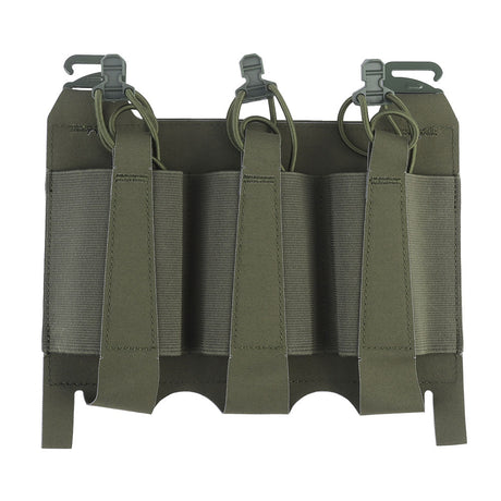 erebus industries urban assaulter triple magazine placard for 556 magazines, for chest rigs and plate carriers, 556 magazines inserted in mag pouch, front side in ranger green color