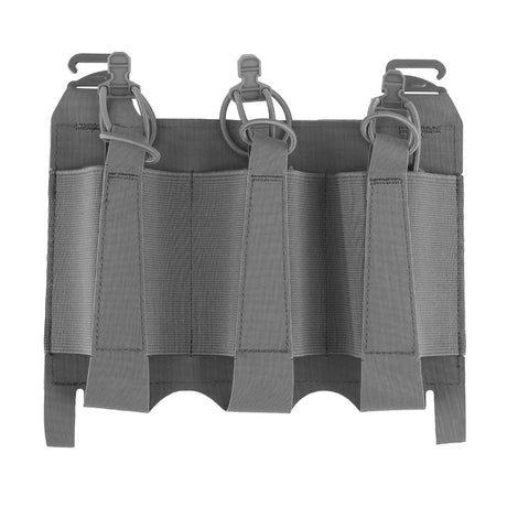 erebus industries urban assaulter triple magazine placard for 556 magazines, for chest rigs and plate carriers, 556 magazines inserted in mag pouch, front side in wolf grey color
