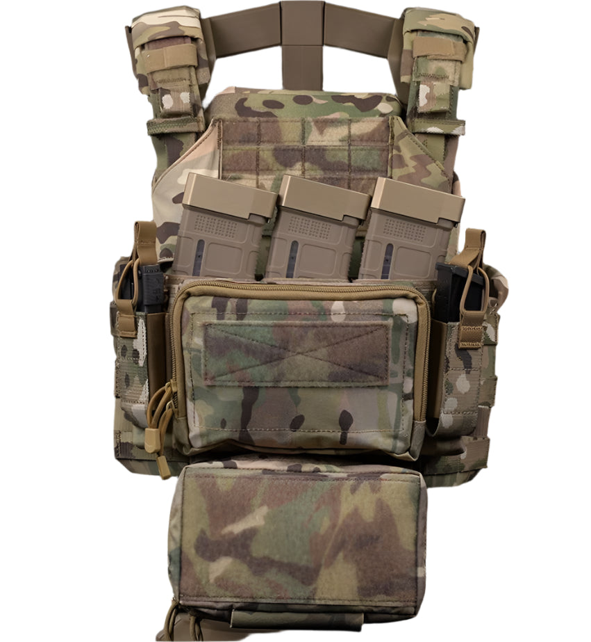 erebus industries MKII Chest Rig in multicam pattern, H harness removed mounted onto plate carrier, Magazines inserted in 556 mag pouch and pistol pouches, included admin pouch attached