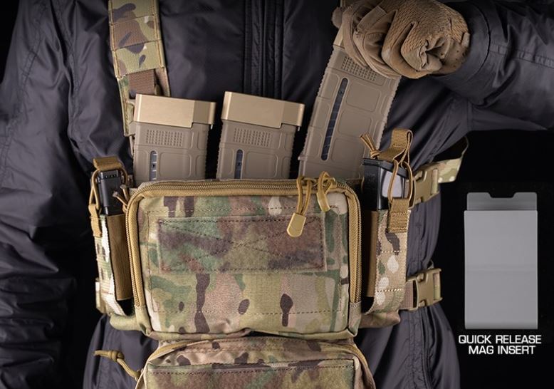 erebus industries MKII Chest Rig in multicam pattern, on model removing magazine from 556 magazine pouch, highlighting the kydex inserts quick release mag insert, pistol magazines in pistol mag pouch, dangler admin pouch attached