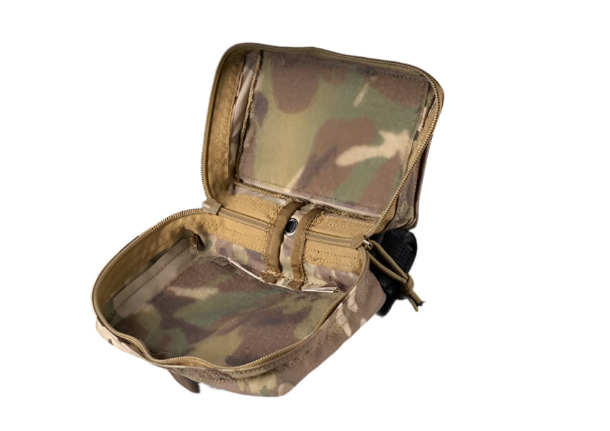 erebus industries MKII Chest Rig in multicam pattern, front view close up, highlighting internal velcro of admin pouch showing extra storage mounts,