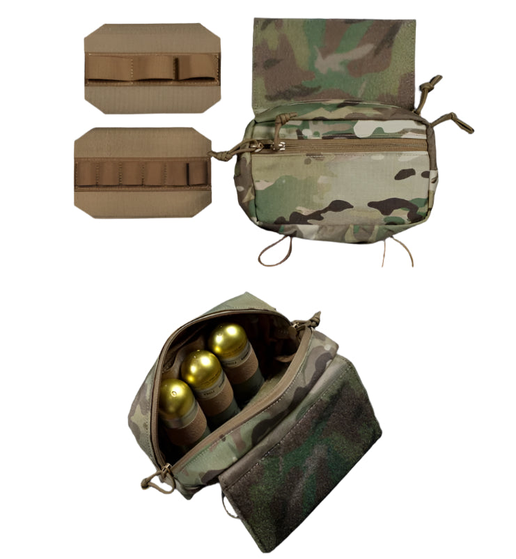 erebus industries mkIV chest rig in multicam pattern close up of admin pouch, dangler pouch, highlighting internal organization , showing included inserts