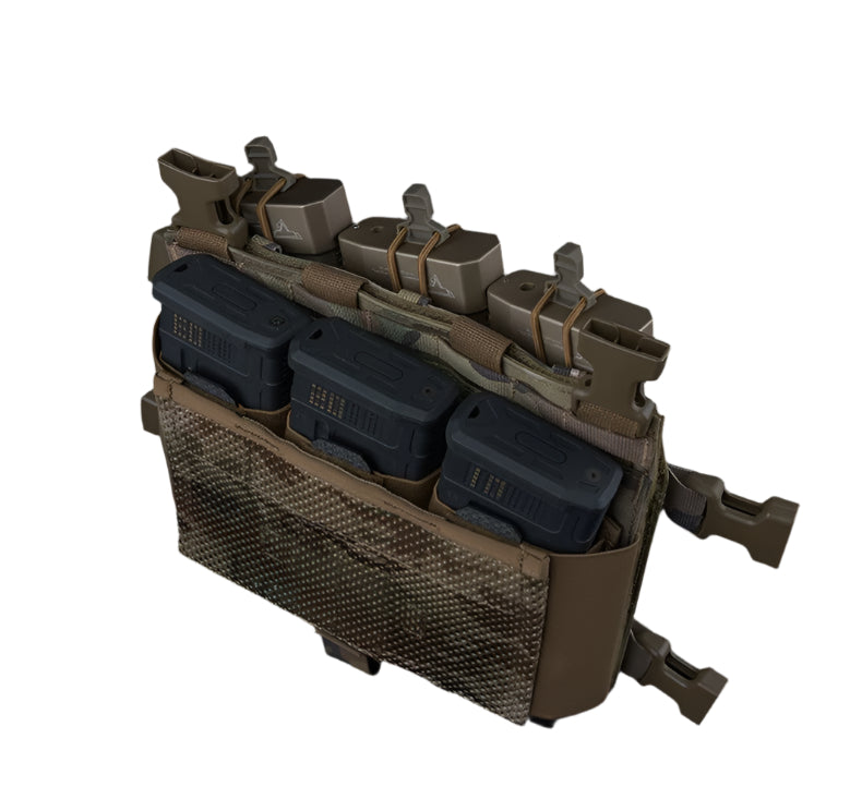 Erebus Industries slick rig chest rig, multicam pattern, H harness removed highlighting stand alone placard, 556 magazines inserted into mag pouch.