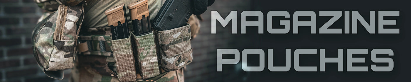 Person wearing a tactical magazine pouch with text 'Magazine Pouches' on a dark background