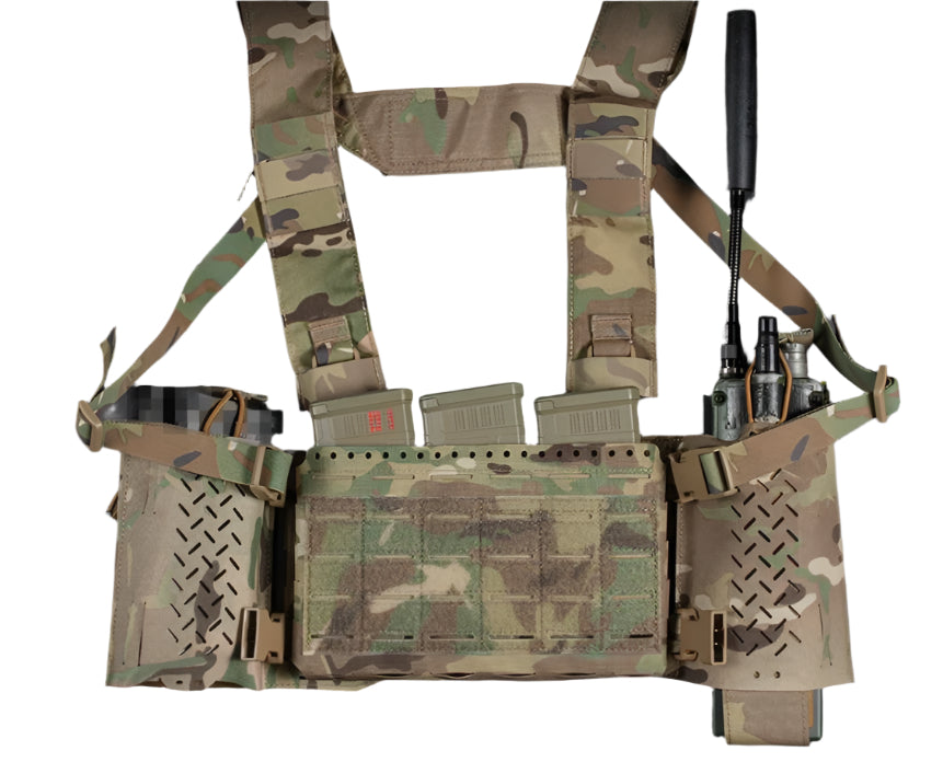 erebus industries slick rig chest rig in multicam, front view showing added accessories and magazines inserted.