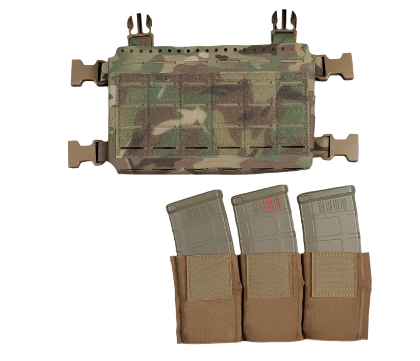 erebus industries slick rig chest rig front view, in multicam pattern, H-harness removed showcasing as standalone placard and included magazine pouch inserts.