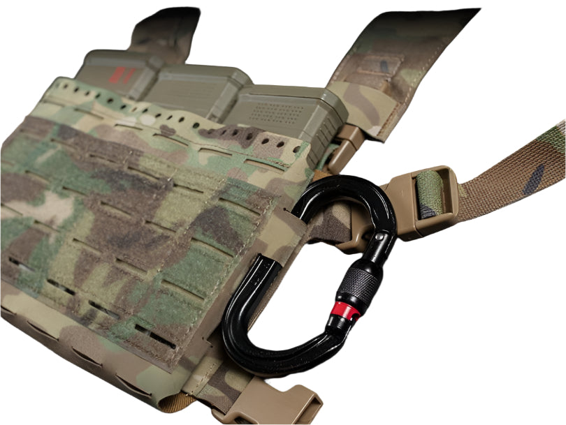 erebus industries slick rig chest rig in multicam patter, close up-side view highlighting molle sections on the side of chest rig, 556 Magazines inserted.