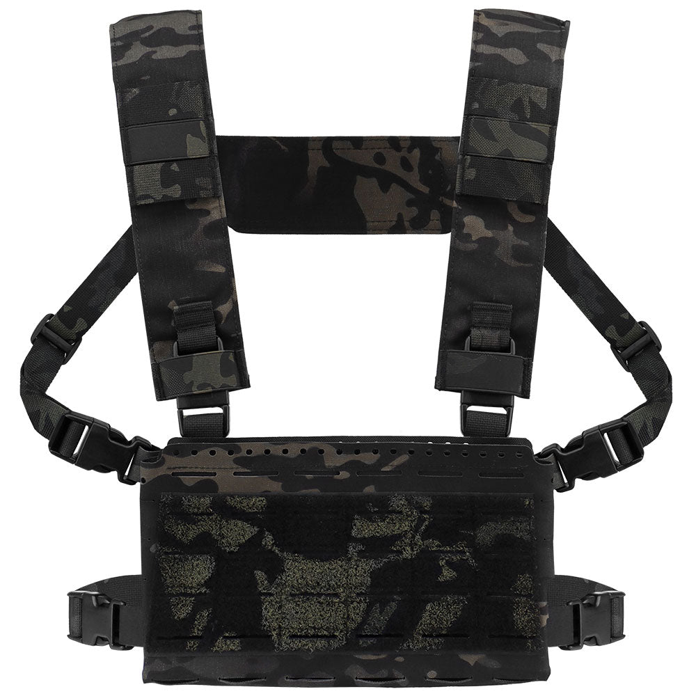 Erebus Industries Slick Rig Chest Rig in Multicam black pattern, front view.