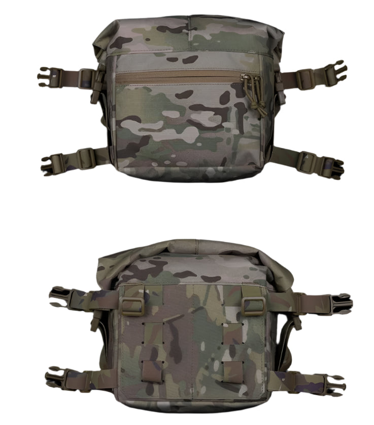 Erebus Industries MKII Expansion Pack Front and Back view in multicam pattern, Highlighting molle straps on the back and buckles for use with chest rig