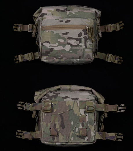 Erebus Industries MKII Expansion Pack Front and Back view in multicam pattern, Highlighting molle straps on the back and buckles for use with chest rig