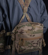 Erebus Industries MKII Expansion Pack, in multicam pattern, front view mounted onto chest rig, on model, zippers closed