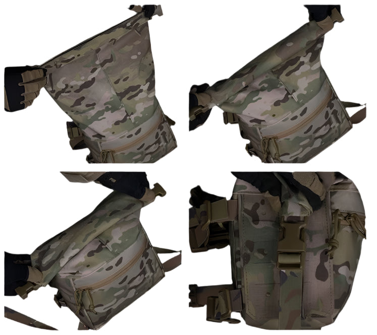 Erebus Industries MKII Expansion Pack Step By Step 2 in multicam pattern, multiple angles shown, highlighting compression of pouch and roll up design showcasing large and small configuration.