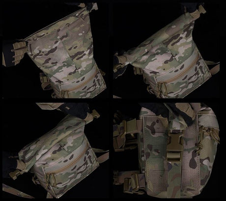 Erebus Industries MKII Expansion Pack Step By Step 2 in multicam pattern, multiple angles shown, highlighting compression of pouch and roll up design showcasing large and small configuration.