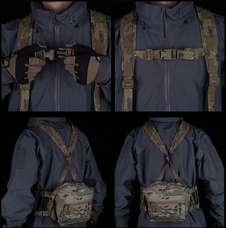 Erebus Industries MKII Expansion Pack Step by Step on attaching harness in multicam pattern, front and back view, highlighting included harness, worn by model