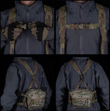 Erebus Industries MKII Expansion Pack Step by Step on attaching harness in multicam pattern, front and back view, highlighting included harness, worn by model