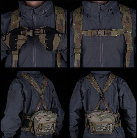 Erebus Industries MKII Expansion Pack Step by Step on attaching harness in multicam pattern, front and back view, highlighting included harness, worn by model