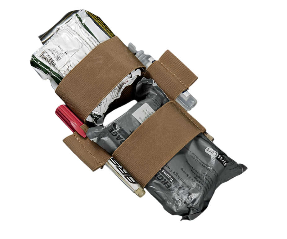 Erebus industries IFAK insert tybe B, Front view close up, Medical supplies in sleeve, Insert for medical pouches. Mounted onto medical pouches. in coyote color.