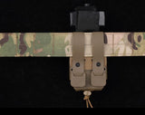 Erebus industries RC series Tourniquet pouch, Back view, medical pouches. Molle mounted on battle belt. tourniquet inserted in pouch. 