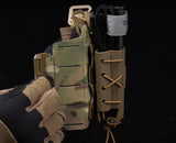 Erebus industries RC series Tourniquet pouch, side view, medical pouches. Mounted to molle mount. tourniquet inserted in pouch. in coyote color. 