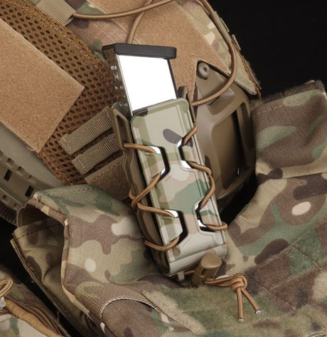 Erebus Industries RC Pistol Pouch In multicam Pattnern, Close up front view with 9mm magazine inserted into pouch, highlighting adjustable retention bands 