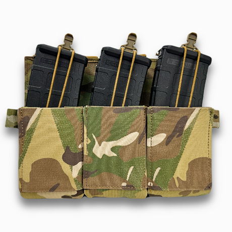 erebus industries slick triple 556 rifle magazine pouch for plate carriers and chest rigs in multicam pattern  with 556 mags inserted, front side 