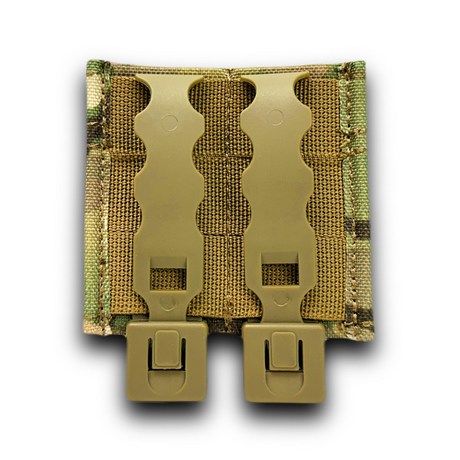 erebus industries swift double pistol magazine pouch, Pistol magazines inserted, Pistol pouch for battle belts, plate carriers and chest rigs, In multicam pattern, close up back side feature molle straps