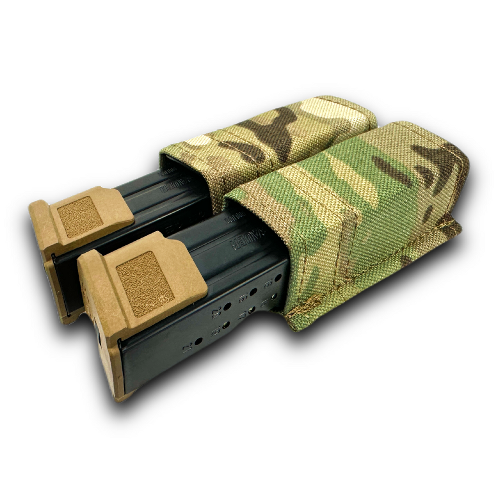 erebus industries swift double pistol magazine pouch, Pistol magazines inserted, Pistol pouch for battle belts, plate carriers and chest rigs, In multicam pattern, close up top side